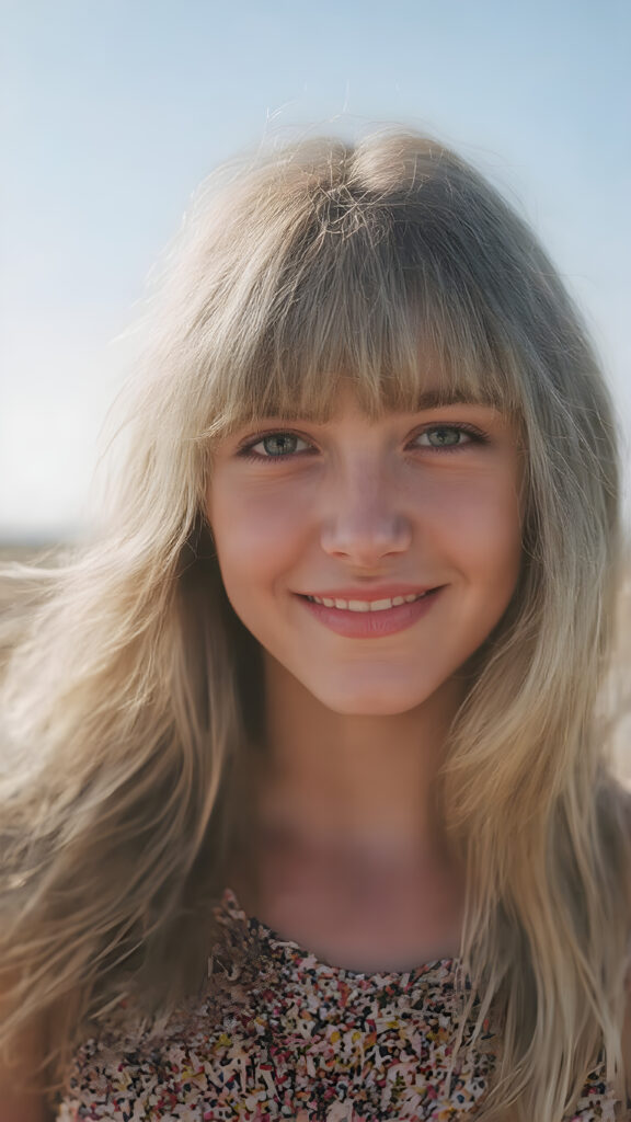 In a wide and open outdoor area, under a bright and clear blue sky, the gentle smile of a adult teen girl with flowing blonde hair and warm and inviting eyes shines brightly. Her face is flawless, with clear skin and rosy cheeks, reflecting a happy and content expression. The girl is dressed in a colorful and cozy dress, and her hair is long, soft and straight, bangs cut. She is smiling confidently, with a warm and inviting look that extends towards everyone around her. It is clear that the girl is enjoying this precious moment in the sun, surrounded by the beauty of nature and the warmth of the day.