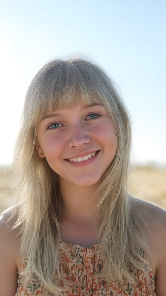 In a wide and open outdoor area, under a bright and clear blue sky, the gentle smile of a adult teen girl with flowing blonde hair and warm and inviting eyes shines brightly. Her face is flawless, with clear skin and rosy cheeks, reflecting a happy and content expression. The girl is dressed in a colorful and cozy dress, and her hair is long, soft and straight, bangs cut. She is smiling confidently, with a warm and inviting look that extends towards everyone around her. It is clear that the girl is enjoying this precious moment in the sun, surrounded by the beauty of nature and the warmth of the day.