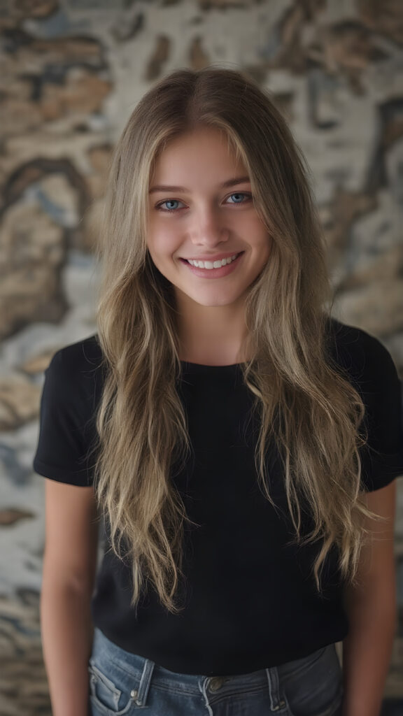 In the 'World Fashion Map,' a (((half braid household girl))) with (((extremely long, silky wavy light blonde hair))), wearing a sleek and tight 'Black T-Shirt with World Fashion Design' that seamlessly complements her stylishly faded jeans. Her face exudes a (((soft yet inviting smile))), perfectly accentuating her ((perfectly proportioned figure)), which includes a slim waist and (extraordinary long, flowing eyelashes) that add to her (alluring charm). The backdrop is a (clearly detailed and highly realistic) setting that perfectly captures the essence of modern luxury and fashion, with (interwoven textures) and (distinctive patterns) that give off a (vivid color contrast) against her (natural skin tone) makeup and (crisp pearly white teeth) as the ultimate finishing touch