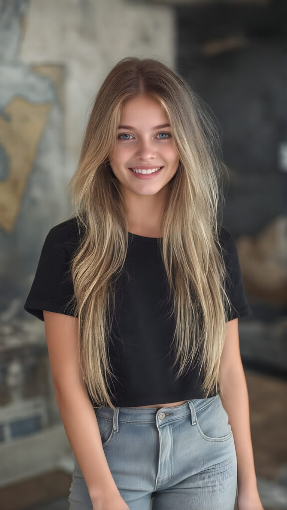 In the 'World Fashion Map,' a (((half braid household girl))) with (((extremely long, silky wavy light blonde hair))), wearing a sleek and tight 'Black T-Shirt with World Fashion Design' that seamlessly complements her stylishly faded jeans. Her face exudes a (((soft yet inviting smile))), perfectly accentuating her ((perfectly proportioned figure)), which includes a slim waist and (extraordinary long, flowing eyelashes) that add to her (alluring charm). The backdrop is a (clearly detailed and highly realistic) setting that perfectly captures the essence of modern luxury and fashion, with (interwoven textures) and (distinctive patterns) that give off a (vivid color contrast) against her (natural skin tone) makeup and (crisp pearly white teeth) as the ultimate finishing touch