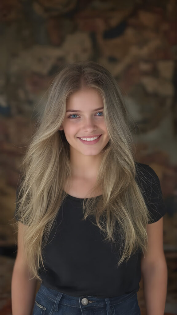 In the 'World Fashion Map,' a (((half braid household girl))) with (((extremely long, silky wavy light blonde hair))), wearing a sleek and tight 'Black T-Shirt with World Fashion Design' that seamlessly complements her stylishly faded jeans. Her face exudes a (((soft yet inviting smile))), perfectly accentuating her ((perfectly proportioned figure)), which includes a slim waist and (extraordinary long, flowing eyelashes) that add to her (alluring charm). The backdrop is a (clearly detailed and highly realistic) setting that perfectly captures the essence of modern luxury and fashion, with (interwoven textures) and (distinctive patterns) that give off a (vivid color contrast) against her (natural skin tone) makeup and (crisp pearly white teeth) as the ultimate finishing touch