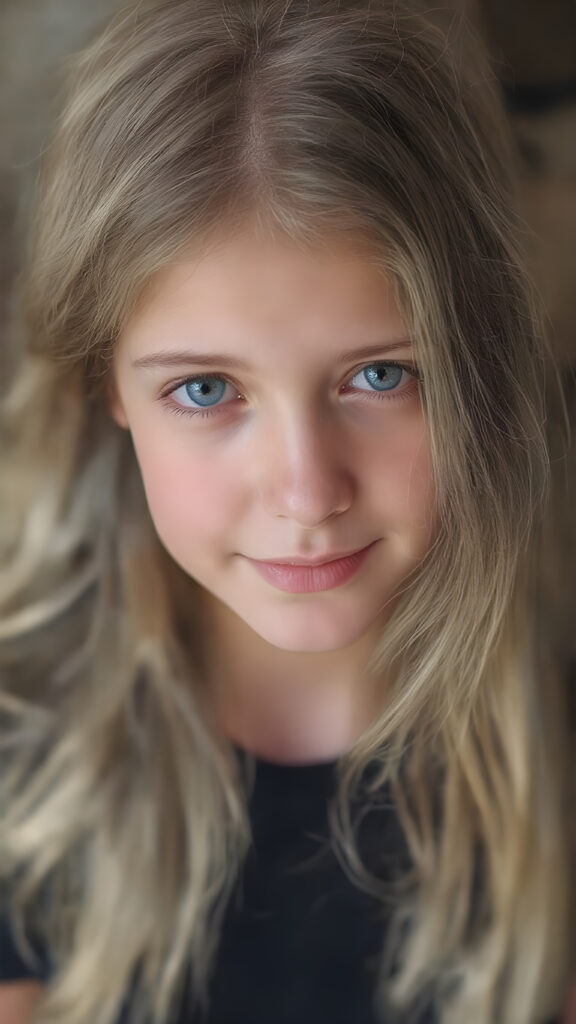 In the (((straight, level, and clear camera shot))), look directly into the lens for a full-body view of a (((beautiful young girl))) with long, flowing blonde and brown super detailed soft hair framing her face. She wears a black thin t-shirt that emphasize her perfect complexion. The soft light reflects off her natural skin and blonde hair, accentuating her youthful beauty. Her (((warm smile))) radiates cheerfulness, and her (((eyes))), framed by their (((bright white whises and black irises))), convey a sense of innocence and wonder. Looking into the camera. Full body view of her entire face and upper body, emphasizing her natural charm and elegance.