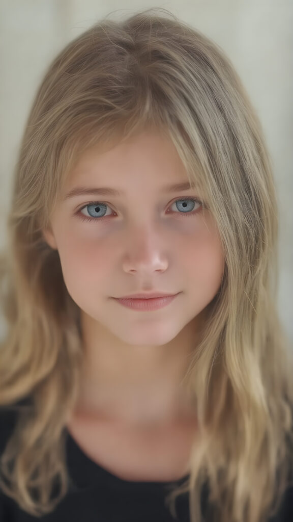 In the (((straight, level, and clear camera shot))), look directly into the lens for a full-body view of a (((beautiful young girl))) with long, flowing blonde and brown super detailed soft hair framing her face. She wears a black thin t-shirt that emphasize her perfect complexion. The soft light reflects off her natural skin and blonde hair, accentuating her youthful beauty. Her (((warm smile))) radiates cheerfulness, and her (((eyes))), framed by their (((bright white whises and black irises))), convey a sense of innocence and wonder. Looking into the camera. Full body view of her entire face and upper body, emphasizing her natural charm and elegance.
