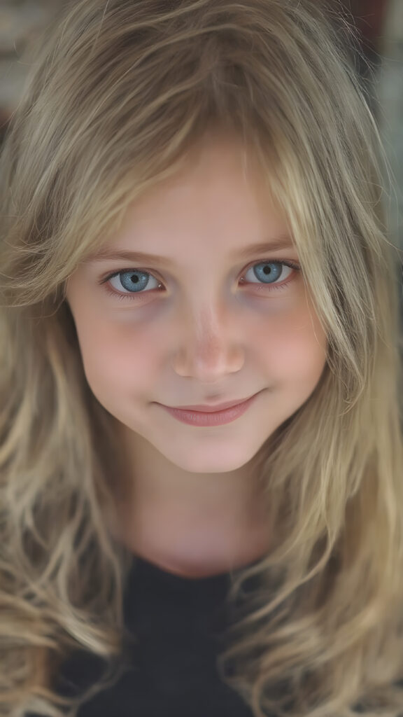 In the (((straight, level, and clear camera shot))), look directly into the lens for a full-body view of a (((beautiful young girl))) with long, flowing blonde and brown super detailed soft hair framing her face. She wears a black thin t-shirt that emphasize her perfect complexion. The soft light reflects off her natural skin and blonde hair, accentuating her youthful beauty. Her (((warm smile))) radiates cheerfulness, and her (((eyes))), framed by their (((bright white whises and black irises))), convey a sense of innocence and wonder. Looking into the camera. Full body view of her entire face and upper body, emphasizing her natural charm and elegance.