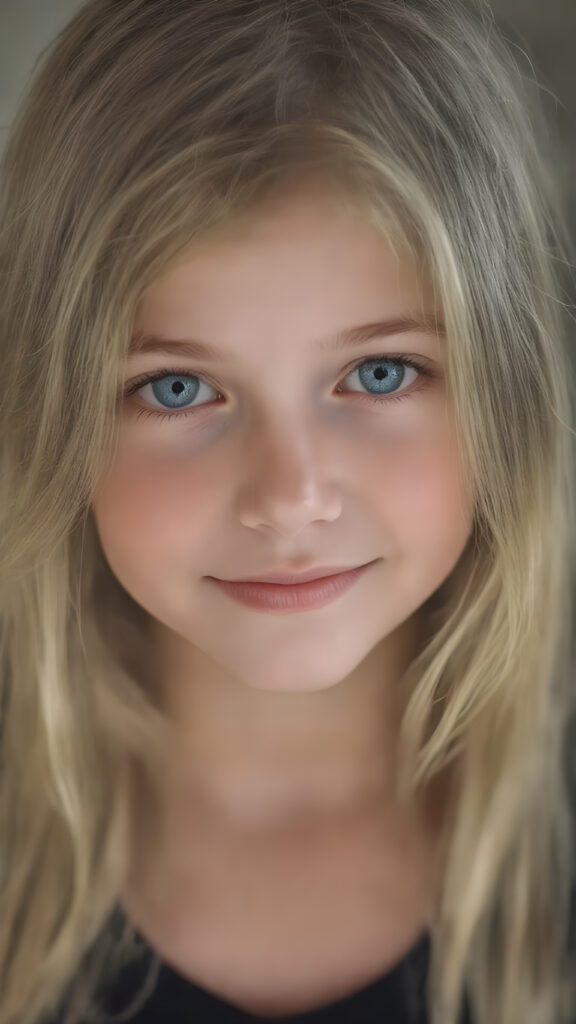 In the (((straight, level, and clear camera shot))), look directly into the lens for a full-body view of a (((beautiful young girl))) with long, flowing blonde and brown super detailed soft hair framing her face. She wears a black thin t-shirt that emphasize her perfect complexion. The soft light reflects off her natural skin and blonde hair, accentuating her youthful beauty. Her (((warm smile))) radiates cheerfulness, and her (((eyes))), framed by their (((bright white whises and black irises))), convey a sense of innocence and wonder. Looking into the camera. Full body view of her entire face and upper body, emphasizing her natural charm and elegance.