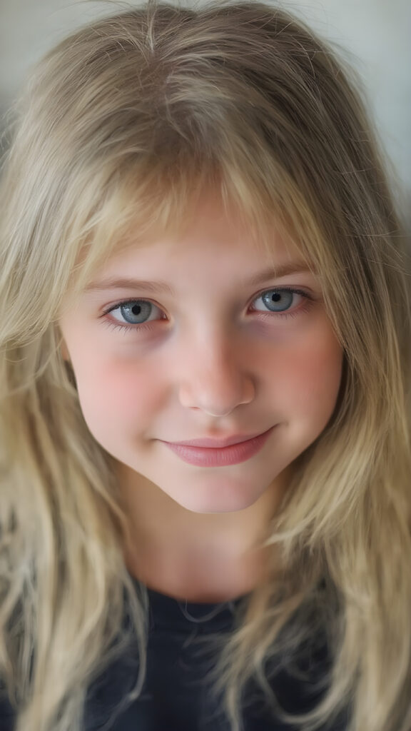 In the (((straight, level, and clear camera shot))), look directly into the lens for a full-body view of a (((beautiful young girl))) with long, flowing blonde and brown super detailed soft hair framing her face. She wears a black thin t-shirt that emphasize her perfect complexion. The soft light reflects off her natural skin and blonde hair, accentuating her youthful beauty. Her (((warm smile))) radiates cheerfulness, and her (((eyes))), framed by their (((bright white whises and black irises))), convey a sense of innocence and wonder. Looking into the camera. Full body view of her entire face and upper body, emphasizing her natural charm and elegance.