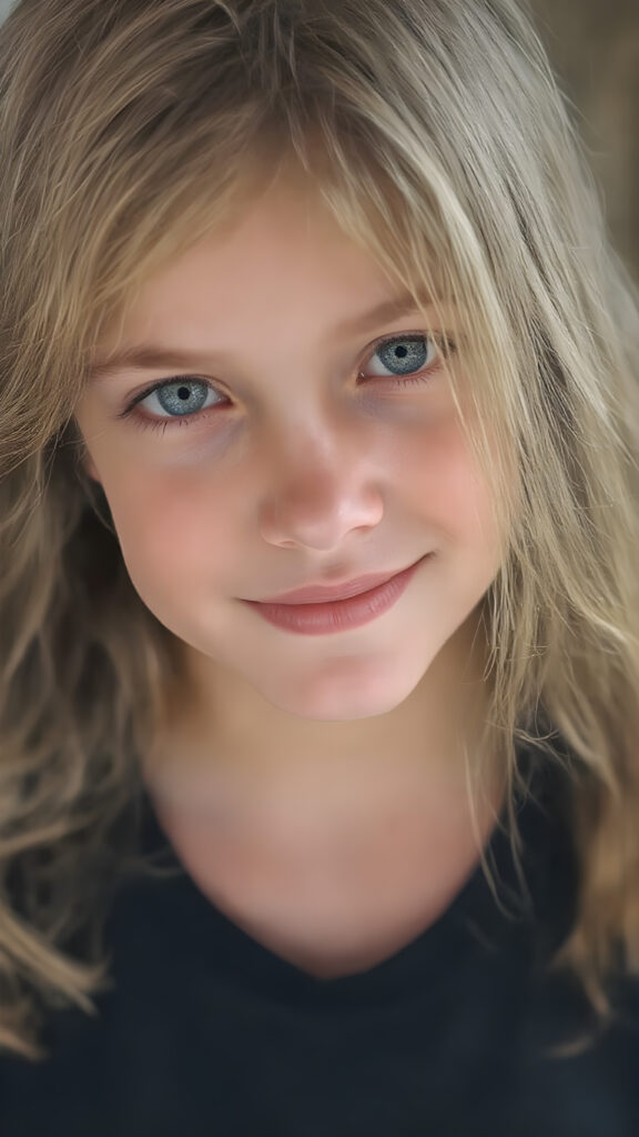 In the (((straight, level, and clear camera shot))), look directly into the lens for a full-body view of a (((beautiful young girl))) with long, flowing blonde and brown super detailed soft hair framing her face. She wears a black thin t-shirt that emphasize her perfect complexion. The soft light reflects off her natural skin and blonde hair, accentuating her youthful beauty. Her (((warm smile))) radiates cheerfulness, and her (((eyes))), framed by their (((bright white whises and black irises))), convey a sense of innocence and wonder. Looking into the camera. Full body view of her entire face and upper body, emphasizing her natural charm and elegance.