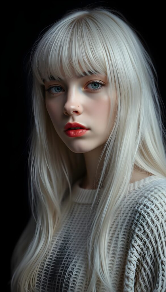 a realistic, detailed, dynamic photography from a beautiful young teen ((silver-skinned girl with flawless, soft skin)), with ((detailed long soft white hair, bangs)), full kissable lips, round eyes, round face, looking into the camera, perfect detailed face, ((close up portrait)), ((stunning)), ((gorgeous)), ((white background))