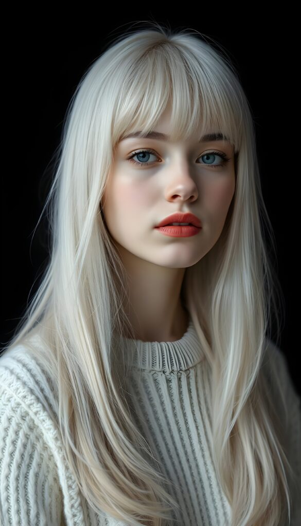 a realistic, detailed, dynamic photography from a beautiful young teen ((silver-skinned girl with flawless, soft skin)), with ((detailed long soft white hair, bangs)), full kissable lips, round eyes, round face, looking into the camera, perfect detailed face, ((close up portrait)), ((stunning)), ((gorgeous)), ((white background))