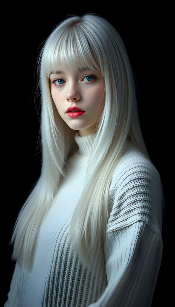 a realistic, detailed, dynamic photography from a beautiful young teen ((silver-skinned girl with flawless, soft skin)), with ((detailed long soft white hair, bangs)), full kissable lips, round eyes, round face, looking into the camera, perfect detailed face, ((close up portrait)), ((stunning)), ((gorgeous)), ((white background))