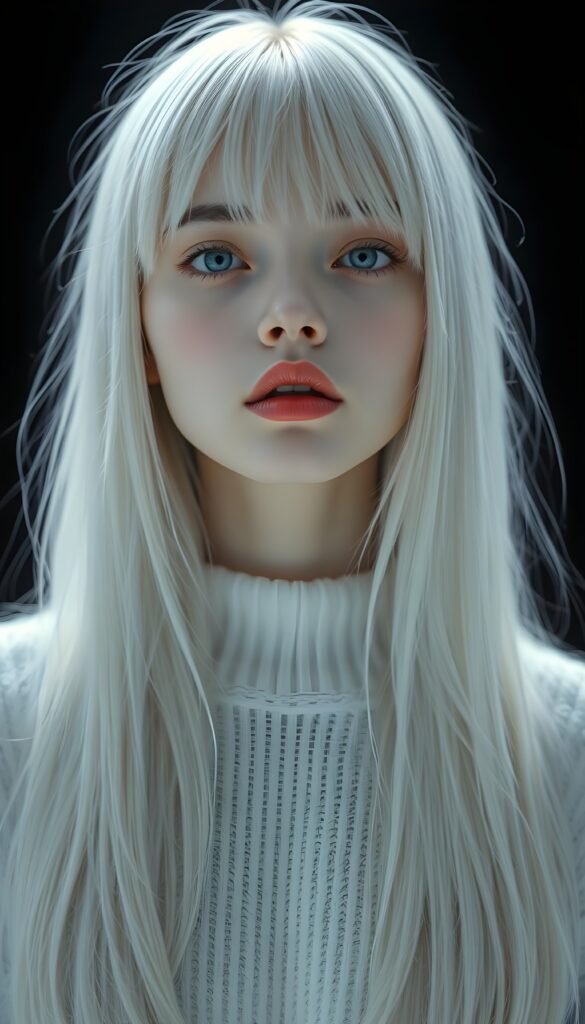 a realistic, detailed, dynamic photography from a beautiful young teen ((silver-skinned girl with flawless, soft skin)), with ((detailed long soft white hair, bangs)), full kissable lips, round eyes, round face, looking into the camera, perfect detailed face, ((close up portrait)), ((stunning)), ((gorgeous)), ((white background))