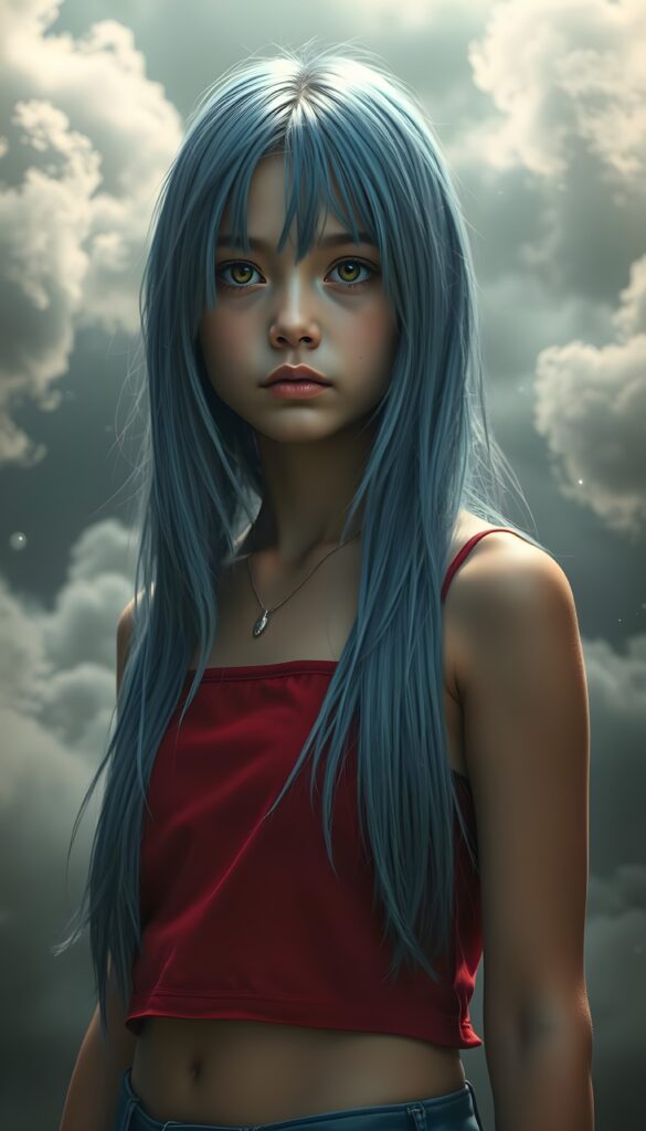 Realistic Photo: in a fantastical realm, a young girl with luxuriously long, straight blue hair, like cascading silk, stands amidst swirling gray clouds and ethereal shadows. Her amber eyes, deep and expressive, shimmer with unspoken tales. Glistening skin reflect the soft, dreamlike light, as she wears a vibrant crimson short tank top that contrasts against the monochrome backdrop, creating a mystical, otherworldly ambiance. The scene is bathed in a soft, ethereal glow, highlighting the girl's delicate features and the intricate details of her surroundings, evoking a sense of melancholy and wonder.