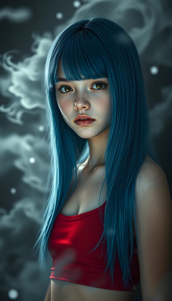 Realistic Photo: in a fantastical realm, a young girl with luxuriously long, straight blue hair, like cascading silk, stands amidst swirling gray clouds and ethereal shadows. Her amber eyes, deep and expressive, shimmer with unspoken tales. Glistening skin reflect the soft, dreamlike light, as she wears a vibrant crimson short tank top that contrasts against the monochrome backdrop, creating a mystical, otherworldly ambiance. The scene is bathed in a soft, ethereal glow, highlighting the girl's delicate features and the intricate details of her surroundings, evoking a sense of melancholy and wonder.