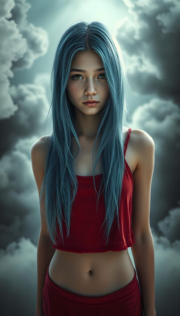 Realistic Photo: in a fantastical realm, a young girl with luxuriously long, straight blue hair, like cascading silk, stands amidst swirling gray clouds and ethereal shadows. Her amber eyes, deep and expressive, shimmer with unspoken tales. Glistening skin reflect the soft, dreamlike light, as she wears a vibrant crimson short tank top that contrasts against the monochrome backdrop, creating a mystical, otherworldly ambiance. The scene is bathed in a soft, ethereal glow, highlighting the girl's delicate features and the intricate details of her surroundings, evoking a sense of melancholy and wonder.