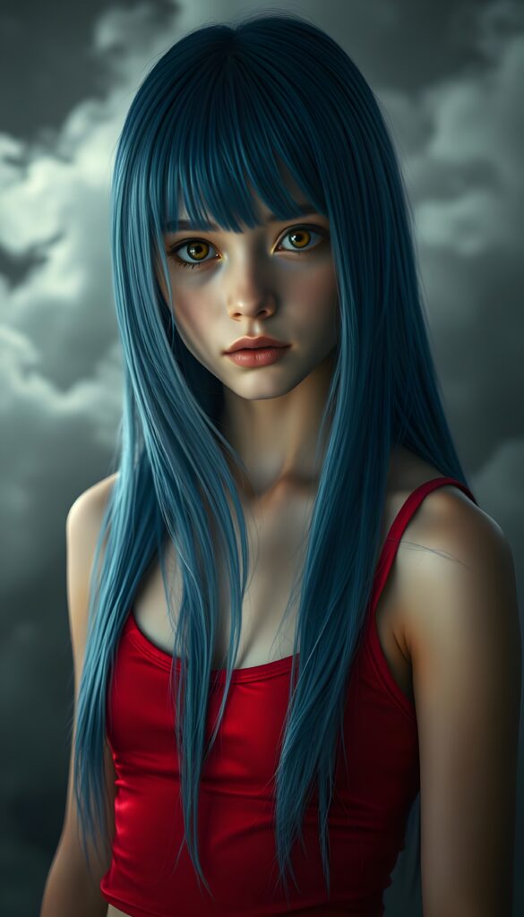 Realistic Photo: in a fantastical realm, a young girl with luxuriously long, straight blue hair, like cascading silk, stands amidst swirling gray clouds and ethereal shadows. Her amber eyes, deep and expressive, shimmer with unspoken tales. Glistening skin reflect the soft, dreamlike light, as she wears a vibrant crimson short tank top that contrasts against the monochrome backdrop, creating a mystical, otherworldly ambiance. The scene is bathed in a soft, ethereal glow, highlighting the girl's delicate features and the intricate details of her surroundings, evoking a sense of melancholy and wonder.