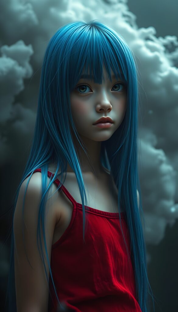 Realistic Photo: in a fantastical realm, a young girl with luxuriously long, straight blue hair, like cascading silk, stands amidst swirling gray clouds and ethereal shadows. Her amber eyes, deep and expressive, shimmer with unspoken tales. Glistening skin reflect the soft, dreamlike light, as she wears a vibrant crimson short tank top that contrasts against the monochrome backdrop, creating a mystical, otherworldly ambiance. The scene is bathed in a soft, ethereal glow, highlighting the girl's delicate features and the intricate details of her surroundings, evoking a sense of melancholy and wonder.