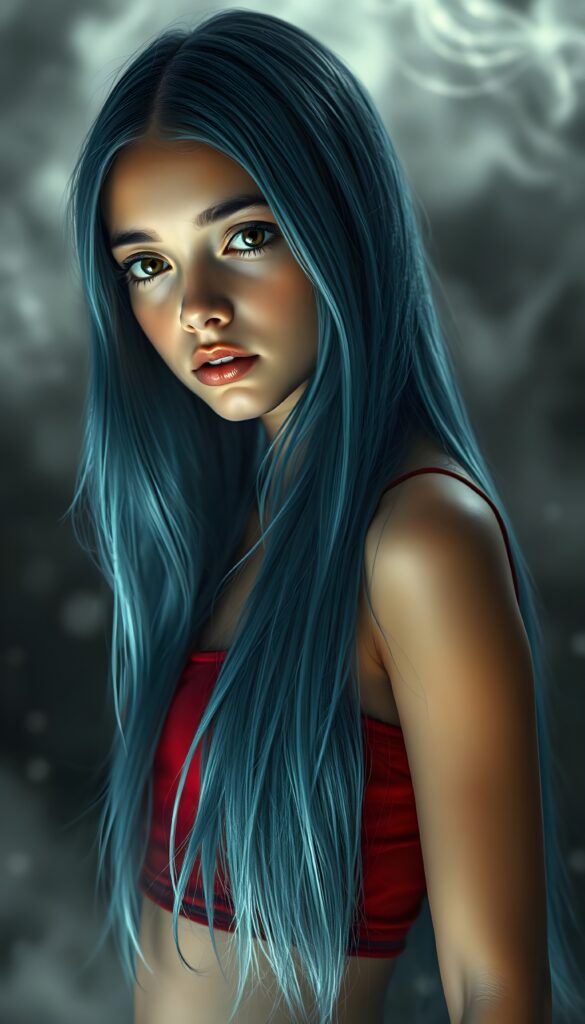 Realistic Photo: in a fantastical realm, a young girl with luxuriously long, straight blue hair, like cascading silk, stands amidst swirling gray clouds and ethereal shadows. Her amber eyes, deep and expressive, shimmer with unspoken tales. Glistening skin reflect the soft, dreamlike light, as she wears a vibrant crimson short tank top that contrasts against the monochrome backdrop, creating a mystical, otherworldly ambiance. The scene is bathed in a soft, ethereal glow, highlighting the girl's delicate features and the intricate details of her surroundings, evoking a sense of melancholy and wonder.