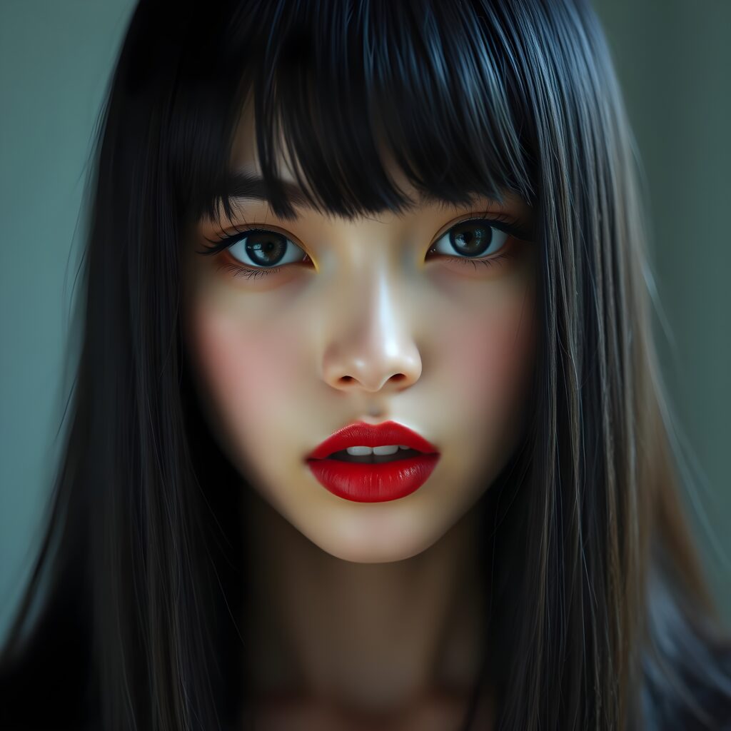 Realistic detailed portrait from a young teen girls face with long, straight, black hair, bangs and deep red lips, amber eyes, and white makeup. She looks seductive into the camera. Front view. Her lips are slightly open for a passionate kiss. White teeth. The girls face is centered in the picture.