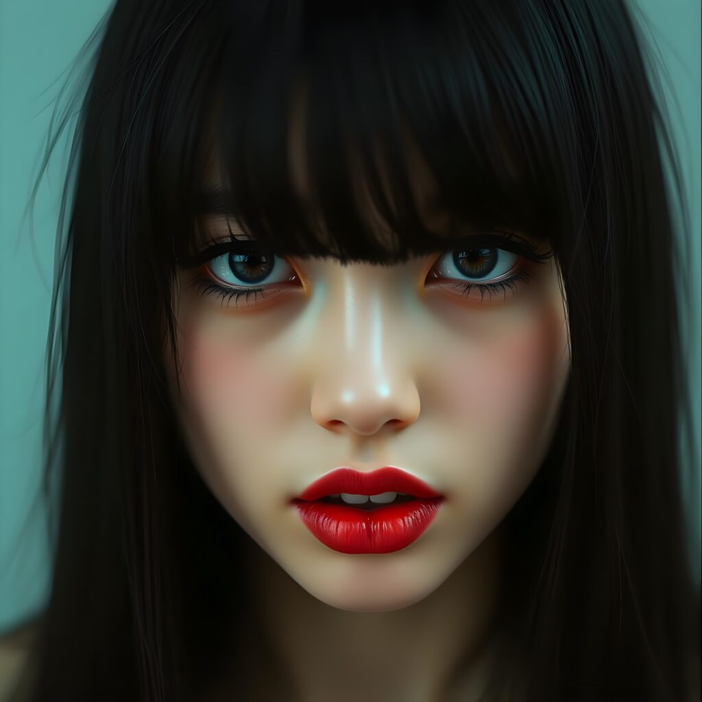 Realistic detailed portrait from a young teen girls face with long, straight, black hair, bangs and deep red lips, amber eyes, and white makeup. She looks seductive into the camera. Front view. Her lips are slightly open for a passionate kiss. White teeth. The girls face is centered in the picture.