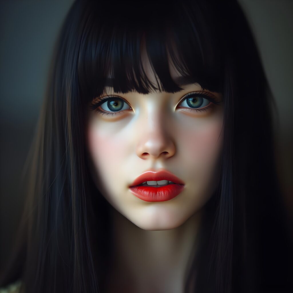 Realistic detailed portrait from a young teen girls face with long, straight, black hair, bangs and deep red lips, amber eyes, and white makeup. She looks seductive into the camera. Front view. Her lips are slightly open for a passionate kiss. White teeth. The girls face is centered in the picture.