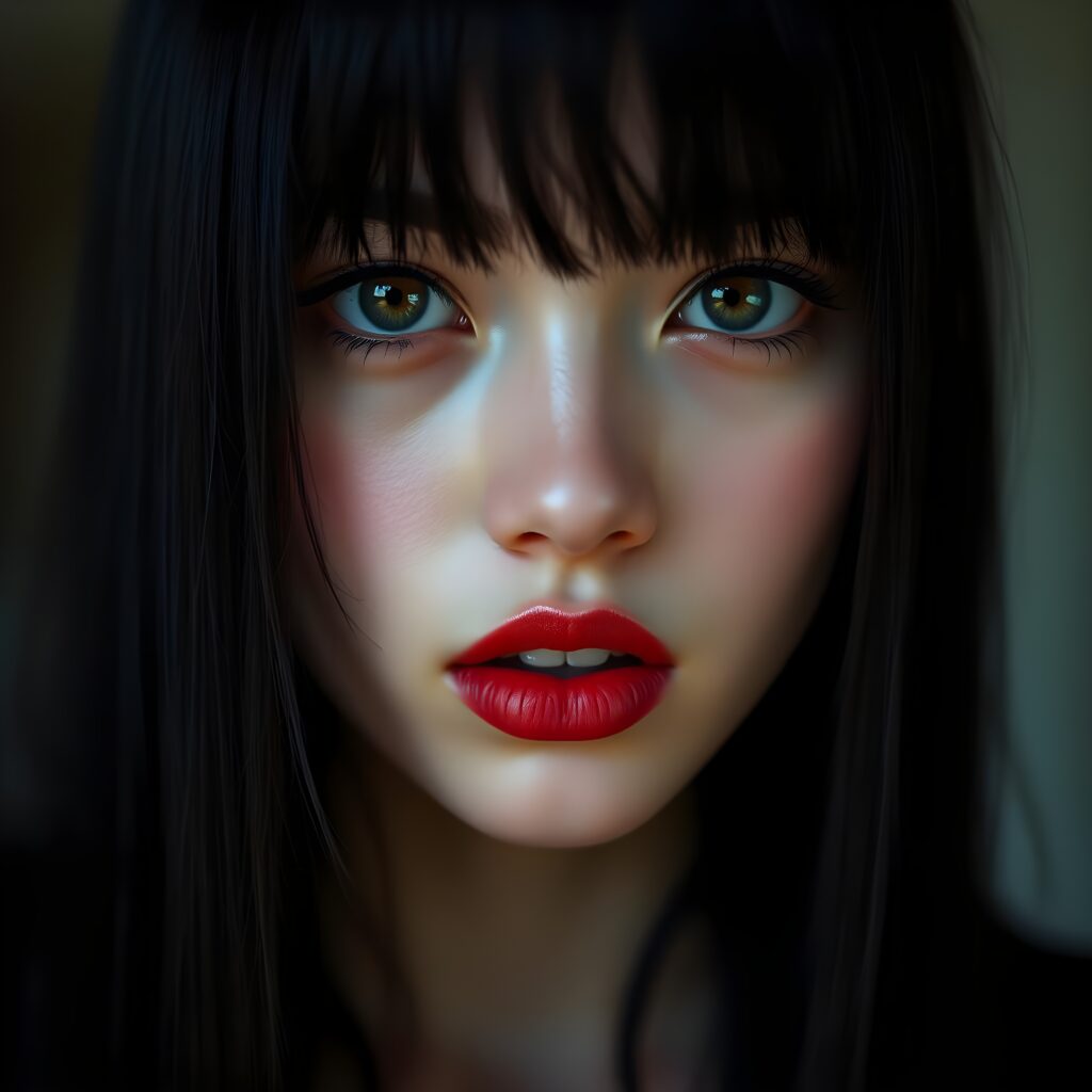 Realistic detailed portrait from a young teen girls face with long, straight, black hair, bangs and deep red lips, amber eyes, and white makeup. She looks seductive into the camera. Front view. Her lips are slightly open for a passionate kiss. White teeth. The girls face is centered in the picture.