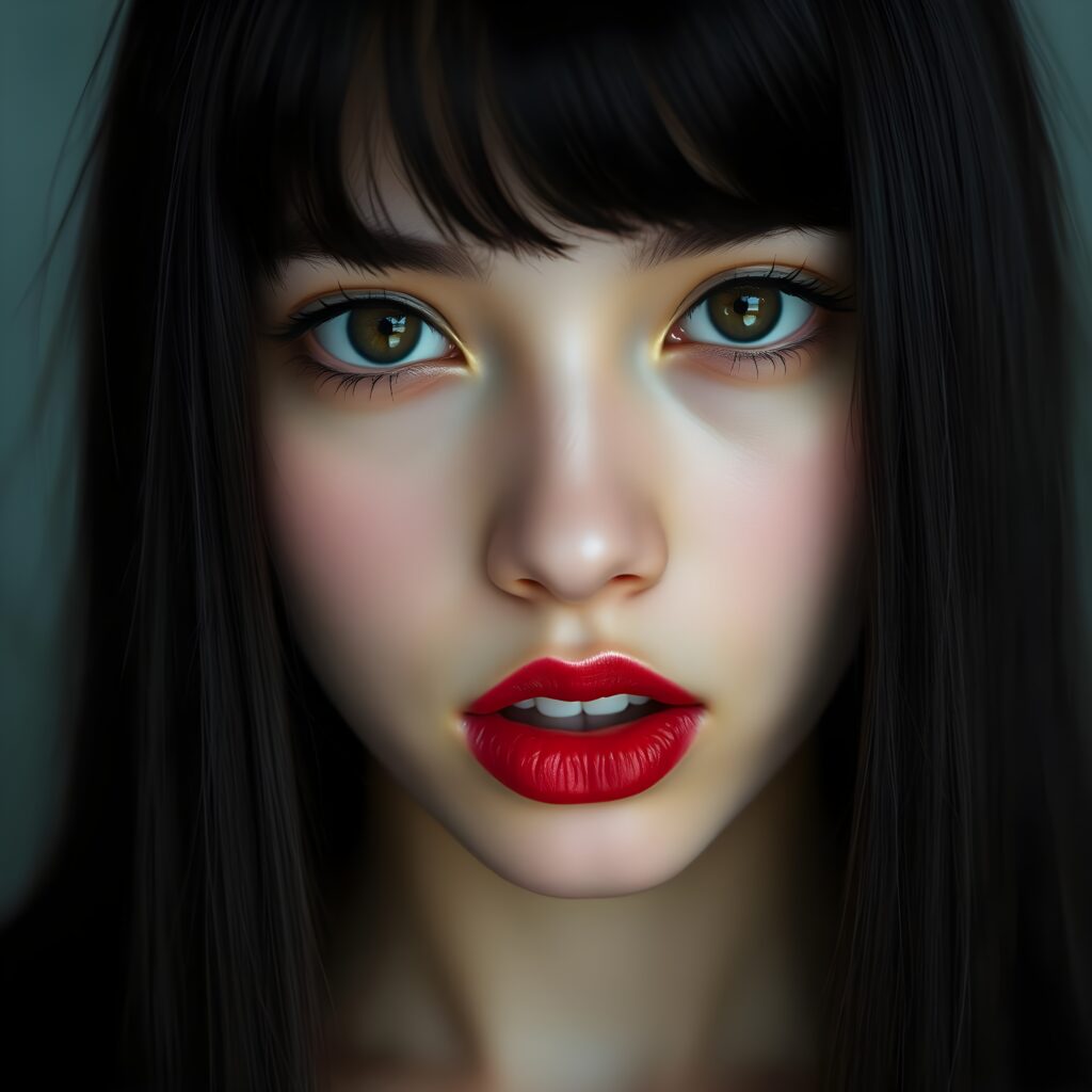 Realistic detailed portrait from a young teen girls face with long, straight, black hair, bangs and deep red lips, amber eyes, and white makeup. She looks seductive into the camera. Front view. Her lips are slightly open for a passionate kiss. White teeth. The girls face is centered in the picture.