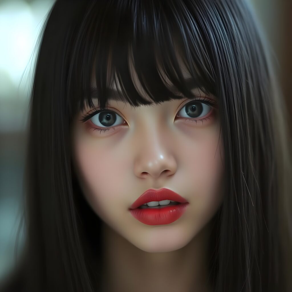 Realistic detailed portrait from a young teen girls face with long, straight, black hair, bangs and deep red lips, amber eyes, and white makeup. She looks seductive into the camera. Front view. Her lips are slightly open for a passionate kiss. White teeth. The girls face is centered in the picture.
