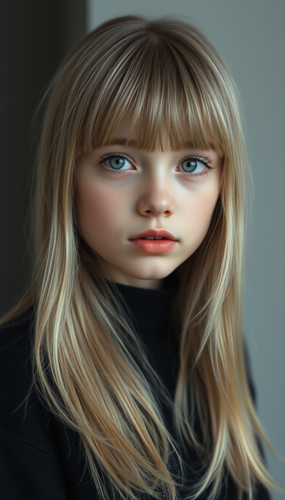 Realistic photo from a young, cute girl with long, two-toned blond long straight hair and bangs frame her round angelic face, wearing a black sweater. The focus is on her upper body. Portrait style. All against a light grey studio backdrop. She has green sparkling eyes. Red full plum kissable lips. Her mouth is slightly open. She is tired.