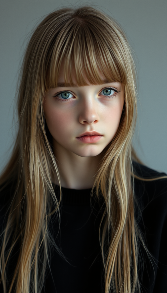 Realistic photo from a young, cute girl with long, two-toned blond long straight hair and bangs frame her round angelic face, wearing a black sweater. The focus is on her upper body. Portrait style. All against a light grey studio backdrop. She has green sparkling eyes. Red full plum kissable lips. Her mouth is slightly open. She is tired.
