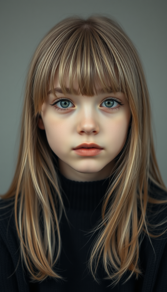 Realistic photo from a young, cute girl with long, two-toned blond long straight hair and bangs frame her round angelic face, wearing a black sweater. The focus is on her upper body. Portrait style. All against a light grey studio backdrop. She has green sparkling eyes. Red full plum kissable lips. Her mouth is slightly open. She is tired.
