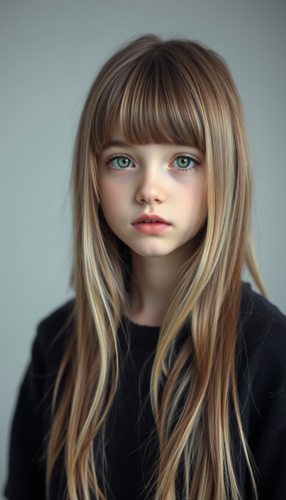 Realistic photo from a young, cute girl with long, two-toned blond long straight hair and bangs frame her round angelic face, wearing a black sweater. The focus is on her upper body. Portrait style. All against a light grey studio backdrop. She has green sparkling eyes. Red full plum kissable lips. Her mouth is slightly open. She is tired.