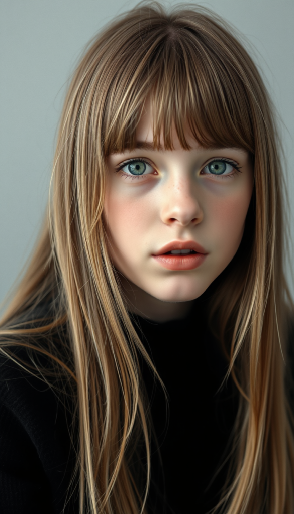 Realistic photo from a young, cute girl with long, two-toned blond long straight hair and bangs frame her round angelic face, wearing a black sweater. The focus is on her upper body. Portrait style. All against a light grey studio backdrop. She has green sparkling eyes. Red full plum kissable lips. Her mouth is slightly open. She is tired.