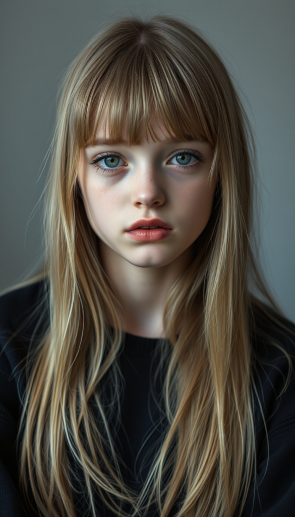 Realistic photo from a young, cute girl with long, two-toned blond long straight hair and bangs frame her round angelic face, wearing a black sweater. The focus is on her upper body. Portrait style. All against a light grey studio backdrop. She has green sparkling eyes. Red full plum kissable lips. Her mouth is slightly open. She is tired.