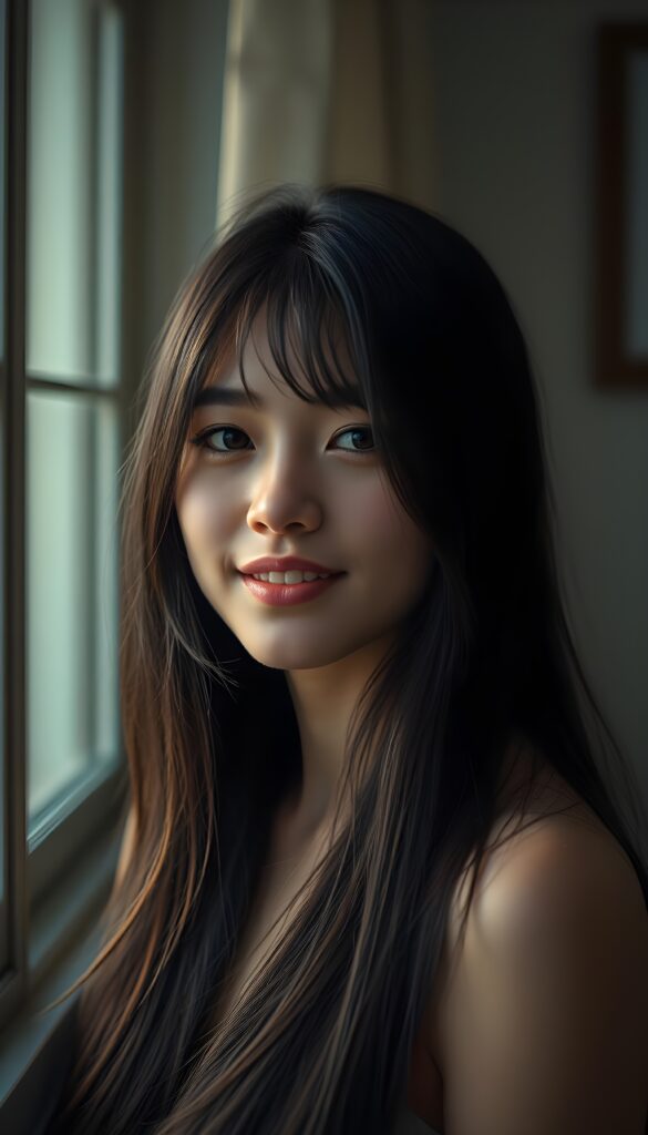 Realistic portrait of a young woman in her 20s, long soft straight obsidian hair, gentle smile, soft window light, natural makeup, medium close-up.