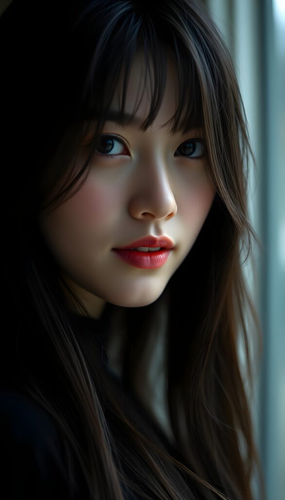 Realistic portrait of a young woman in her 20s, long soft straight obsidian hair, gentle smile, soft window light, natural makeup, medium close-up.