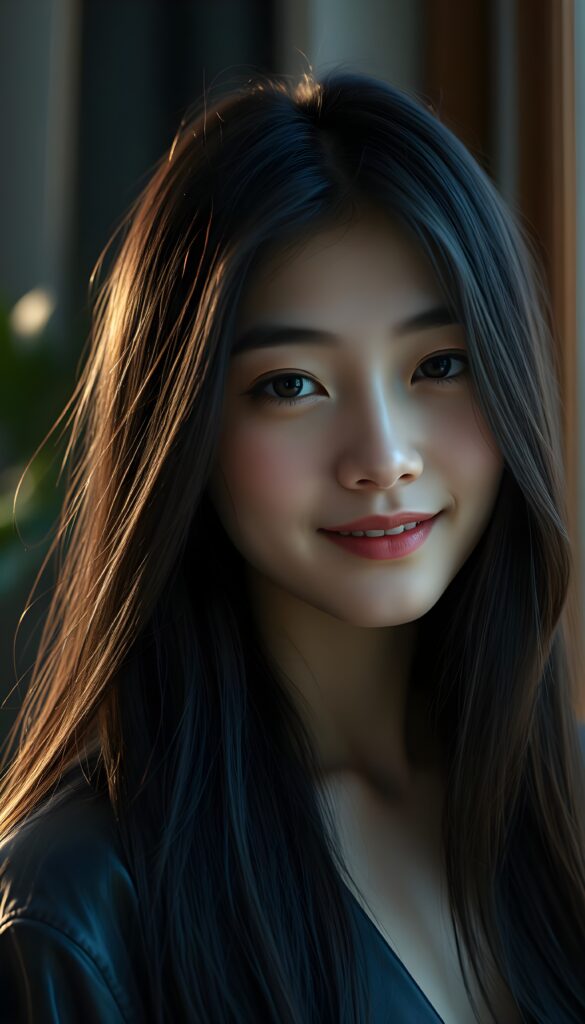 Realistic portrait of a young woman in her 20s, long soft straight obsidian hair, gentle smile, soft window light, natural makeup, medium close-up.