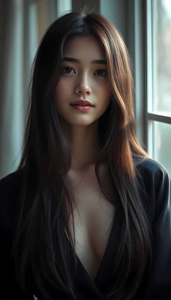 Realistic portrait of a young woman in her 20s, long soft straight obsidian hair, gentle smile, soft window light, natural makeup, medium close-up.