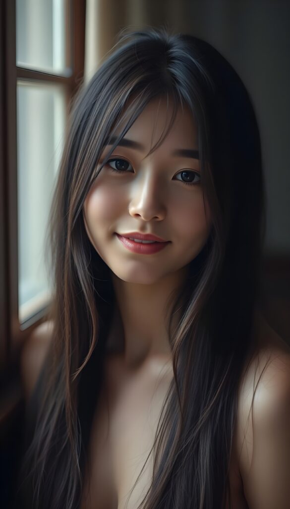Realistic portrait of a young woman in her 20s, long soft straight obsidian hair, gentle smile, soft window light, natural makeup, medium close-up.