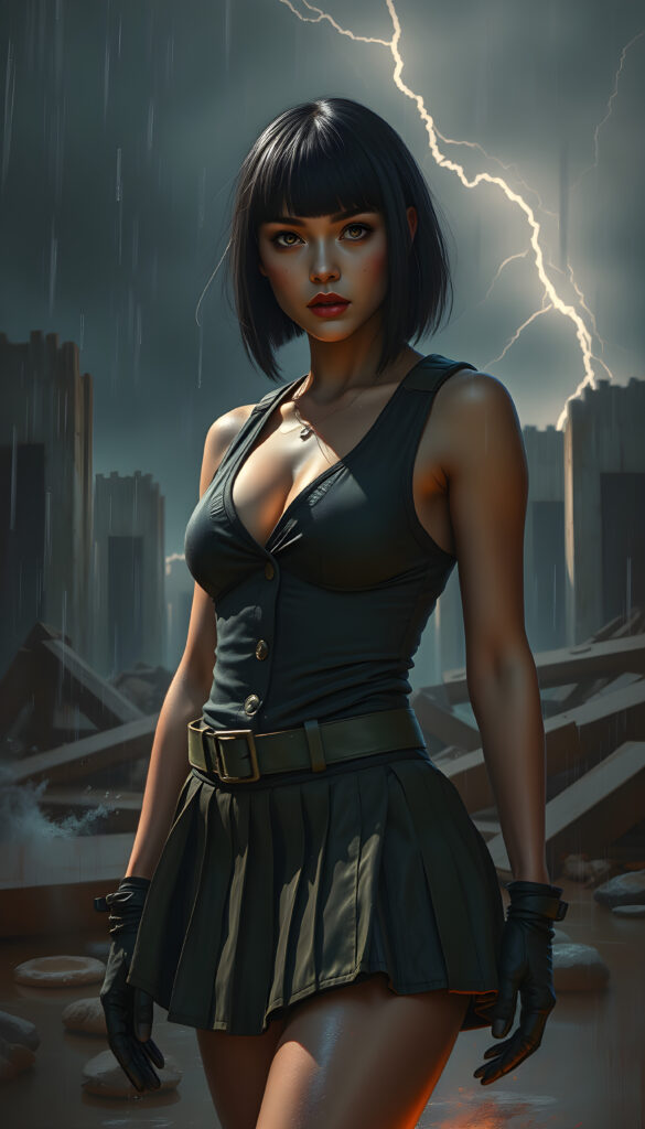 She has a sleek bob haircut, large expressive eyes, and bold red war paint streaked across her cheeks. She wears a short pleated combat skirt and a fitted tactical vest, both soaked and clinging to her form from the rain, lightning in the stormy sky. The lighting is moody and high-contrast — lightning strikes illuminate the ruins, water splashes from puddles, and everything is shrouded in a cinematic haze. The scene conveys tension, power, and beauty under fire. She is well busty, deep v-neck