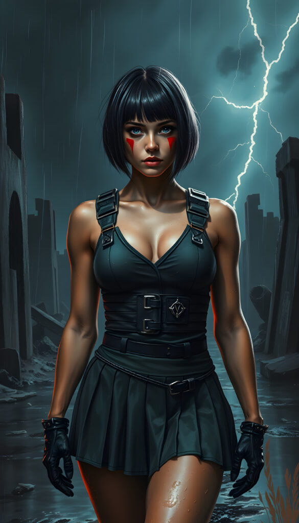 She has a sleek bob haircut, large expressive eyes, and bold red war paint streaked across her cheeks. She wears a short pleated combat skirt and a fitted tactical vest, both soaked and clinging to her form from the rain, lightning in the stormy sky. The lighting is moody and high-contrast — lightning strikes illuminate the ruins, water splashes from puddles, and everything is shrouded in a cinematic haze. The scene conveys tension, power, and beauty under fire. She is well busty, deep v-neck