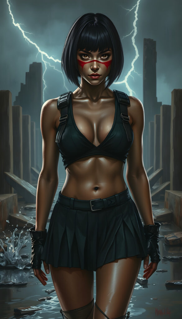 She has a sleek bob haircut, large expressive eyes, and bold red war paint streaked across her cheeks. She wears a short pleated combat skirt and a fitted tactical vest, both soaked and clinging to her form from the rain, lightning in the stormy sky. The lighting is moody and high-contrast — lightning strikes illuminate the ruins, water splashes from puddles, and everything is shrouded in a cinematic haze. The scene conveys tension, power, and beauty under fire. She is well busty, deep v-neck