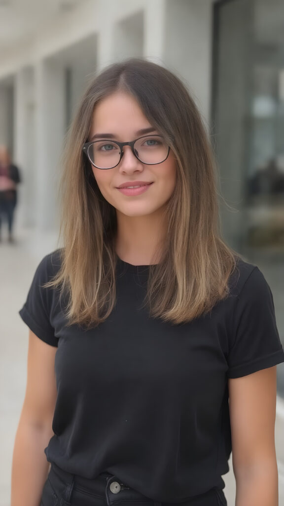 She's a stunning young woman, around 19 years old. She's incredibly beautiful and cute. She's wearing a gorgeous dark black t-shirt and stylish black baggy jeans. Her medium-length hair is absolutely lovely, straight and perfectly framed for her face. Her hair color is a beautiful blend of light brown and dark black tones. She complements her outfit with a pair of beautiful glasses, adding a touch of elegance to her overall look.