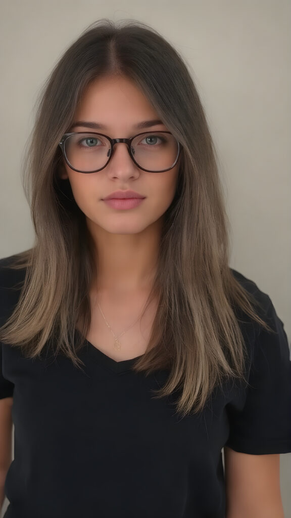 She's a stunning young woman, around 19 years old. She's incredibly beautiful and cute. She's wearing a gorgeous dark black t-shirt and stylish black baggy jeans. Her medium-length hair is absolutely lovely, straight and perfectly framed for her face. Her hair color is a beautiful blend of light brown and dark black tones. She complements her outfit with a pair of beautiful glasses, adding a touch of elegance to her overall look.