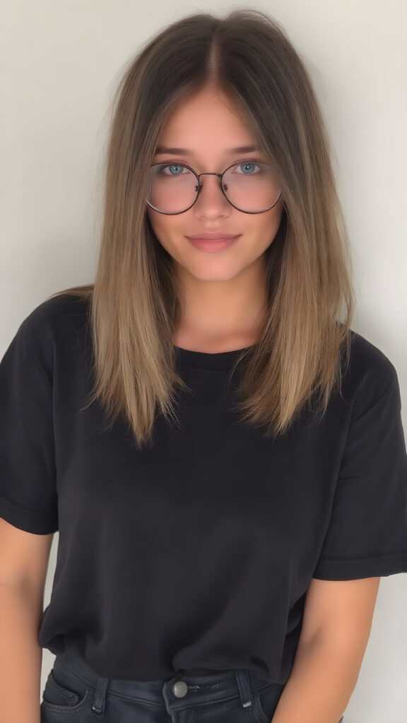 She's a stunning young woman, around 19 years old. She's incredibly beautiful and cute. She's wearing a gorgeous dark black t-shirt and stylish black baggy jeans. Her medium-length hair is absolutely lovely, straight and perfectly framed for her face. Her hair color is a beautiful blend of light brown and dark black tones. She complements her outfit with a pair of beautiful glasses, adding a touch of elegance to her overall look.