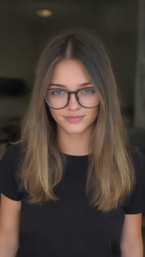 She's a stunning young woman, around 19 years old. She's incredibly beautiful and cute. She's wearing a gorgeous dark black t-shirt and stylish black baggy jeans. Her medium-length hair is absolutely lovely, straight and perfectly framed for her face. Her hair color is a beautiful blend of light brown and dark black tones. She complements her outfit with a pair of beautiful glasses, adding a touch of elegance to her overall look.