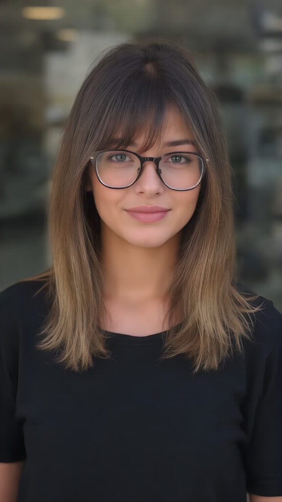 She's a stunning young woman, around 19 years old. She's incredibly beautiful and cute. She's wearing a gorgeous dark black t-shirt and stylish black baggy jeans. Her medium-length hair is absolutely lovely, straight and perfectly framed for her face. Her hair color is a beautiful blend of light brown and dark black tones. She complements her outfit with a pair of beautiful glasses, adding a touch of elegance to her overall look.