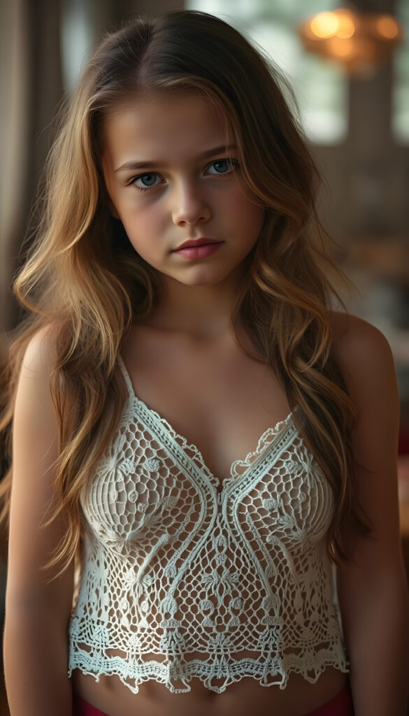 Show me a beautiful picture: a sensual young girl with wavy hair. She is wearing a white crocheted camisole with lots of details.