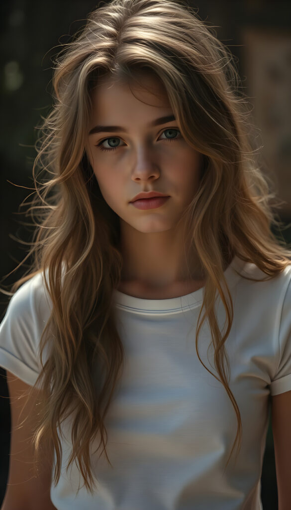 Show me a cute adult busty tomboy girl with long wavy light brown hair, wearing a cropped white T-shirt, with a small round belly button.