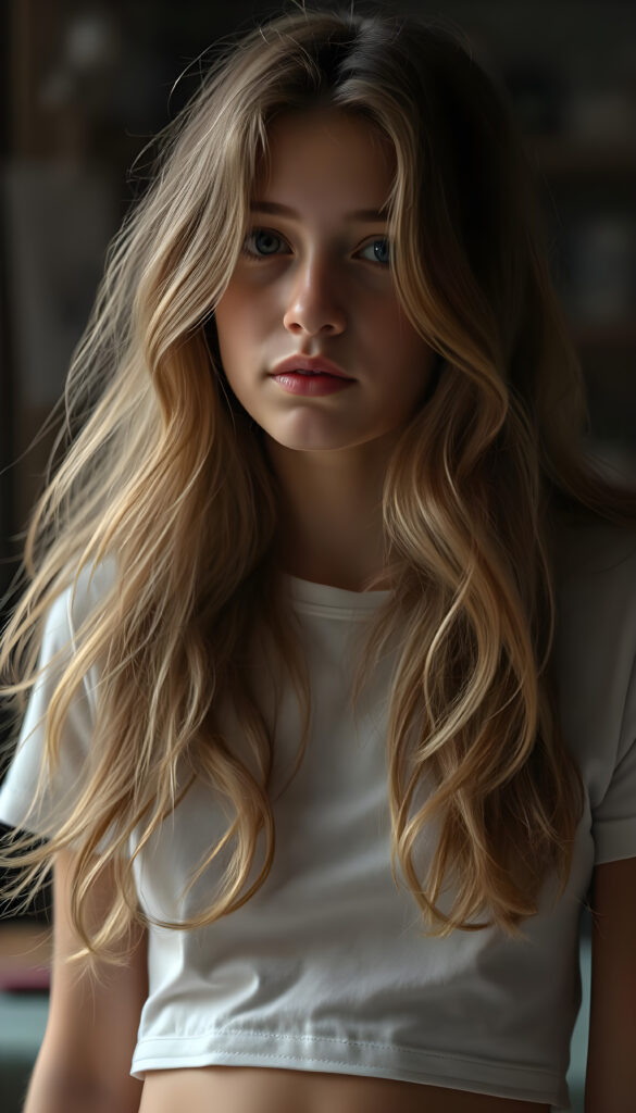 Show me a cute adult busty tomboy girl with long wavy light brown hair, wearing a cropped white T-shirt, with a small round belly button.