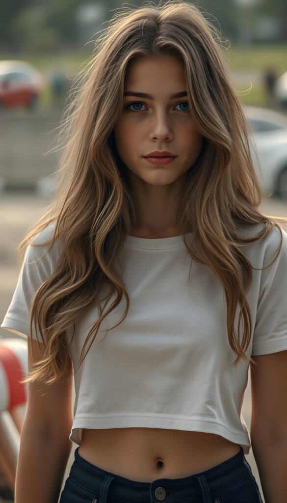 Show me a cute adult busty tomboy girl with long wavy light brown hair, wearing a cropped white T-shirt, with a small round belly button.